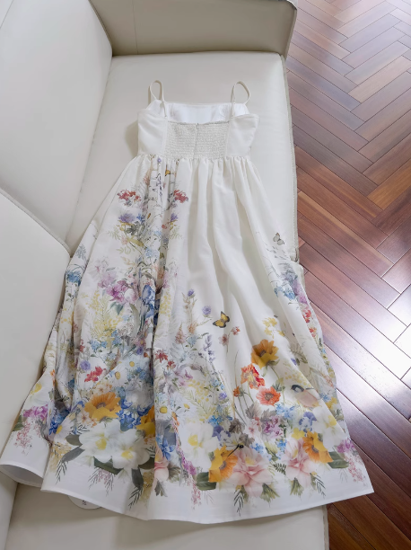 Elegant A line Spaghetti Straps Floral White Prom Dresses Formal Summer Wedding Guest Dresses Wedding Guest Outfit DP2300