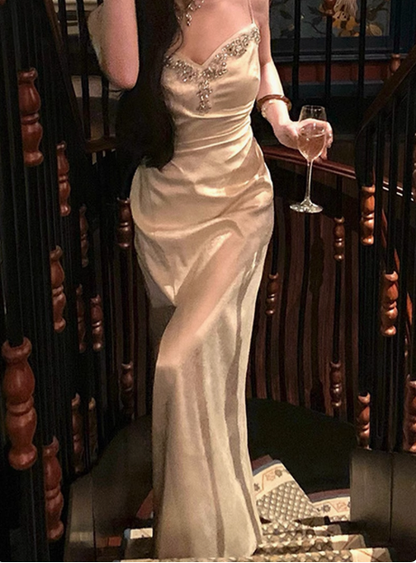 Elegant A line Spaghetti Straps Champagne Slit Prom Dresses Formal Summer Wedding Guest Dresses Wedding Guest Outfit DP2304