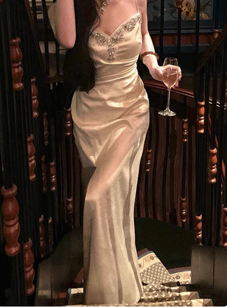 Elegant A line Spaghetti Straps Champagne Slit Prom Dresses Formal Summer Wedding Guest Dresses Wedding Guest Outfit DP2304