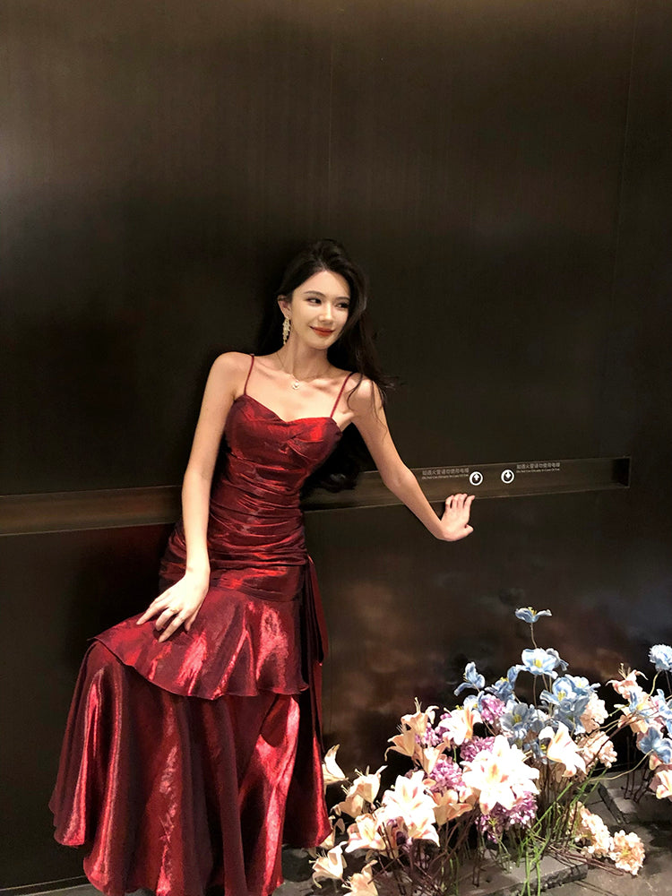 Elegant Mermaid Spaghetti Straps Sleeveless Wine Red Long Evening Dress Prom Dresses DP230