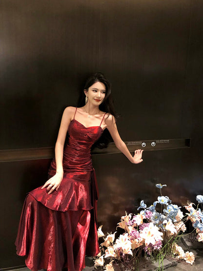 Elegant Mermaid Spaghetti Straps Sleeveless Wine Red Long Evening Dress Prom Dresses DP230