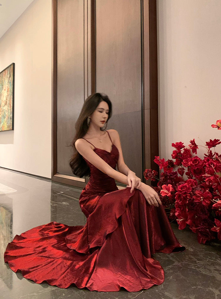 Elegant Mermaid Spaghetti Straps Sleeveless Wine Red Long Evening Dress Prom Dresses DP230