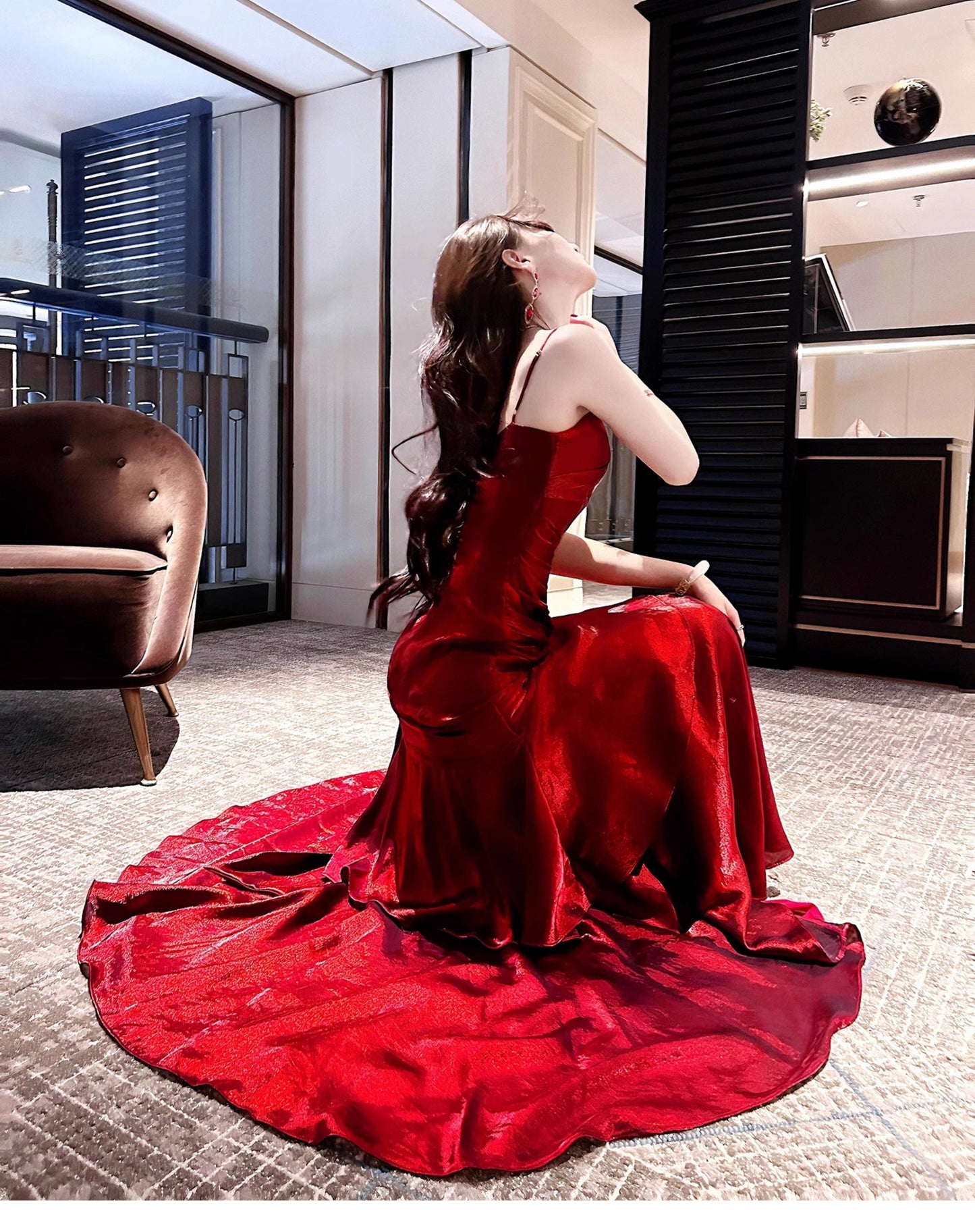 Elegant Mermaid Spaghetti Straps Sleeveless Maroon Prom Gown Long Evening Dress Prom Dresses DP232