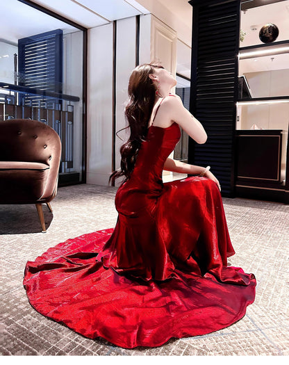 Elegant Mermaid Spaghetti Straps Sleeveless Maroon Prom Gown Long Evening Dress Prom Dresses DP232