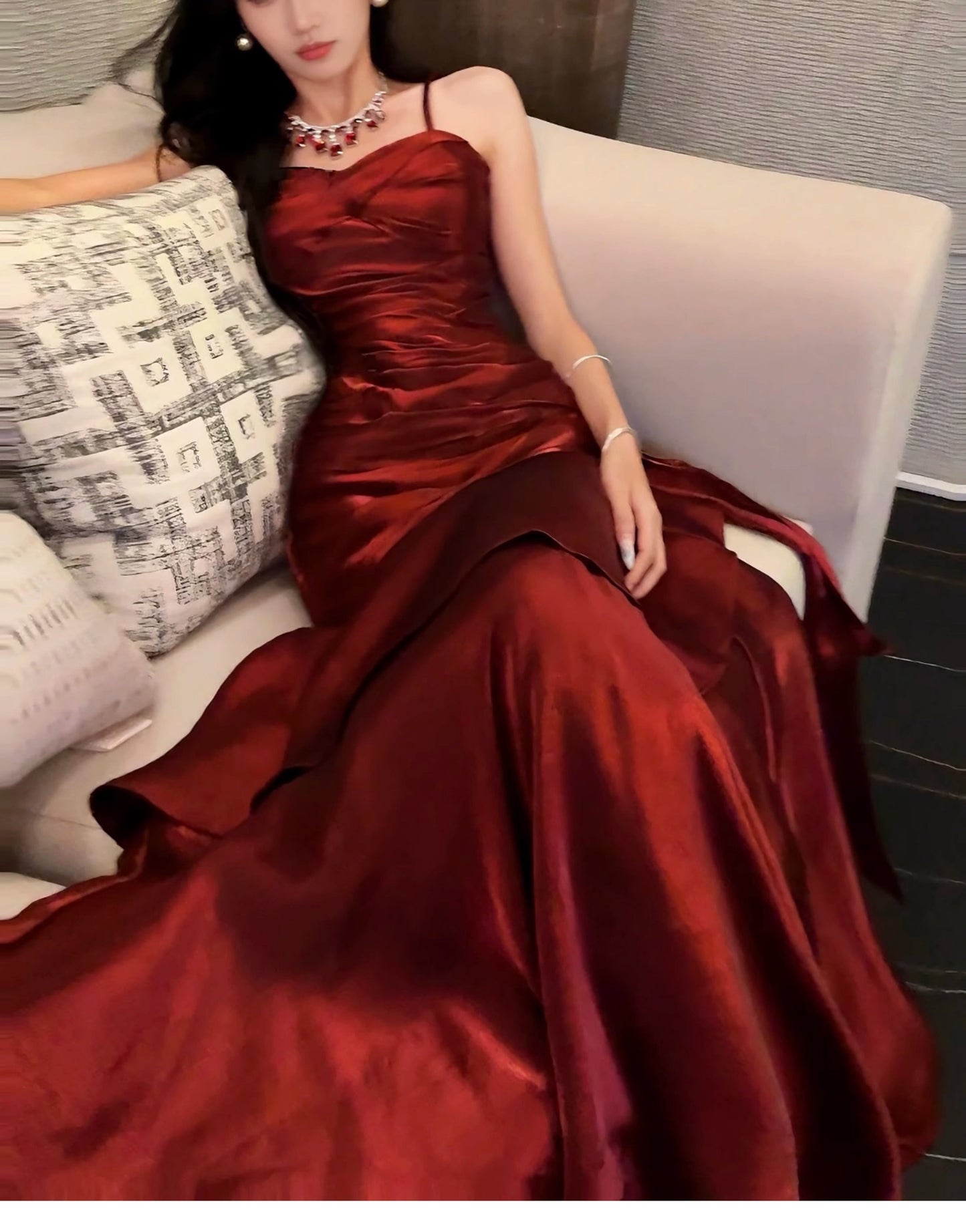 Elegant Mermaid Spaghetti Straps Sleeveless Maroon Prom Gown Long Evening Dress Prom Dresses DP232