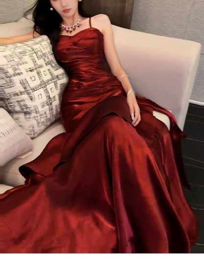Elegant Mermaid Spaghetti Straps Sleeveless Maroon Prom Gown Long Evening Dress Prom Dresses DP232