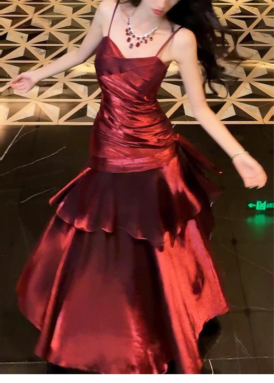 Elegant Mermaid Spaghetti Straps Sleeveless Maroon Prom Gown Long Evening Dress Prom Dresses DP232