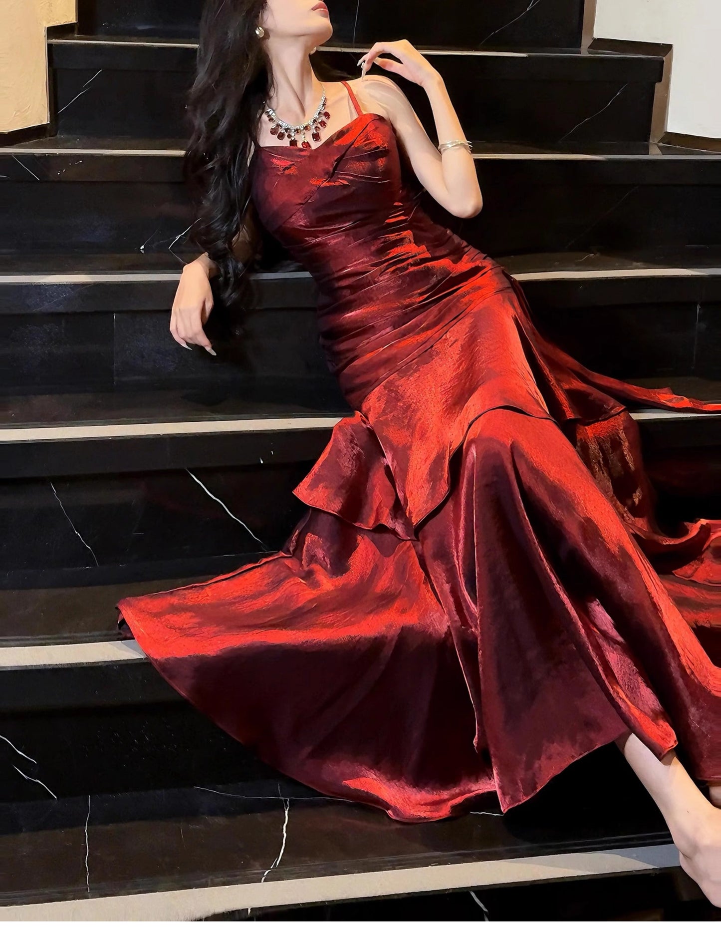 Elegant Mermaid Spaghetti Straps Sleeveless Maroon Prom Gown Long Evening Dress Prom Dresses DP232
