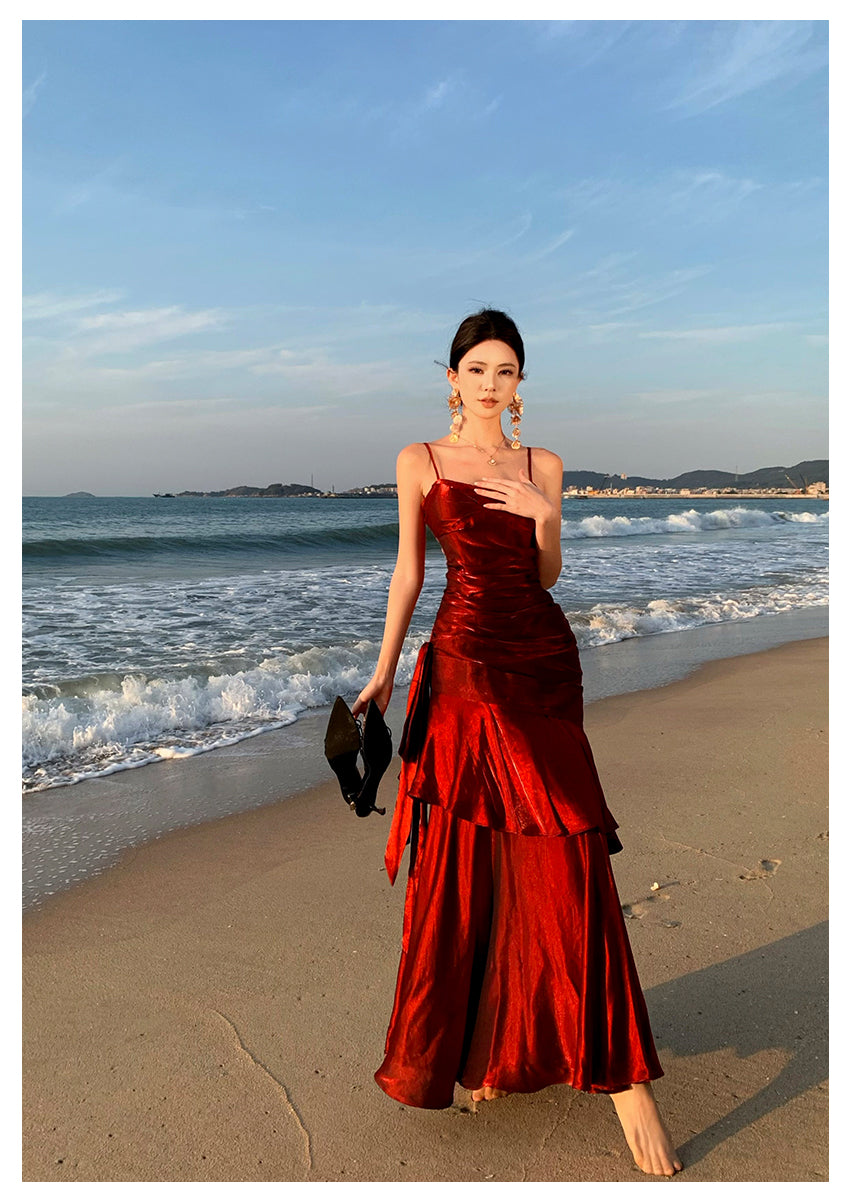 Modest Mermaid Spaghetti Straps Sleeveless Maroon Red Long Evening Dress Prom Dresses DP233