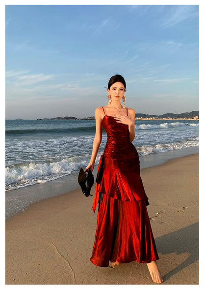 Modest Mermaid Spaghetti Straps Sleeveless Maroon Red Long Evening Dress Prom Dresses DP233