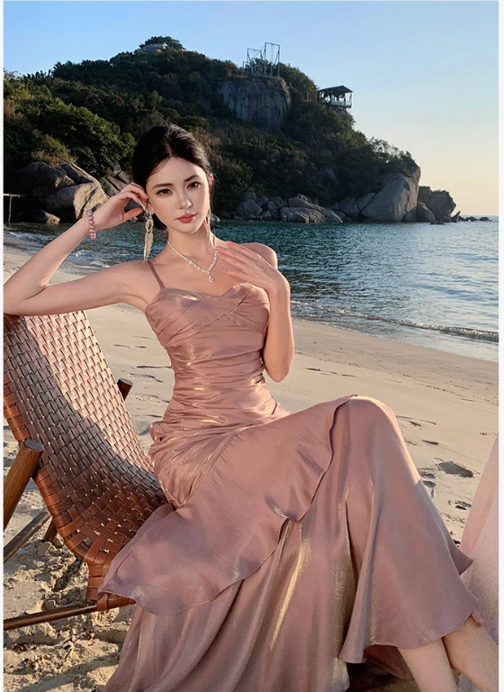 Pretty Mermaid Spaghetti Straps Sleeveless Pink Prom Gown Long Evening Dress Prom Dresses DP234