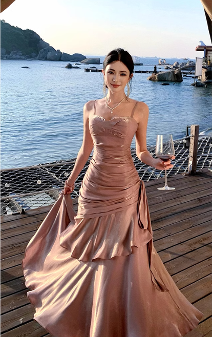 Pretty Mermaid Spaghetti Straps Sleeveless Pink Prom Gown Long Evening Dress Prom Dresses DP234