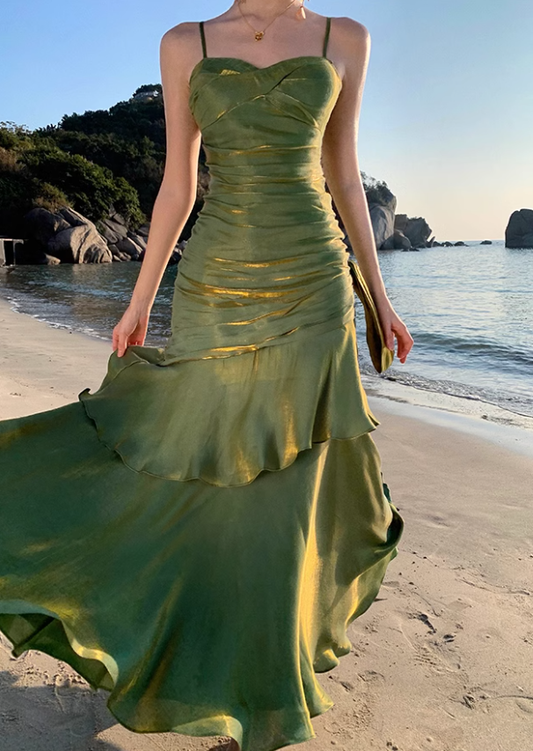Pretty Mermaid Spaghetti Straps Sleeveless Green Prom Gown Long Evening Dress Prom Dresses DP235