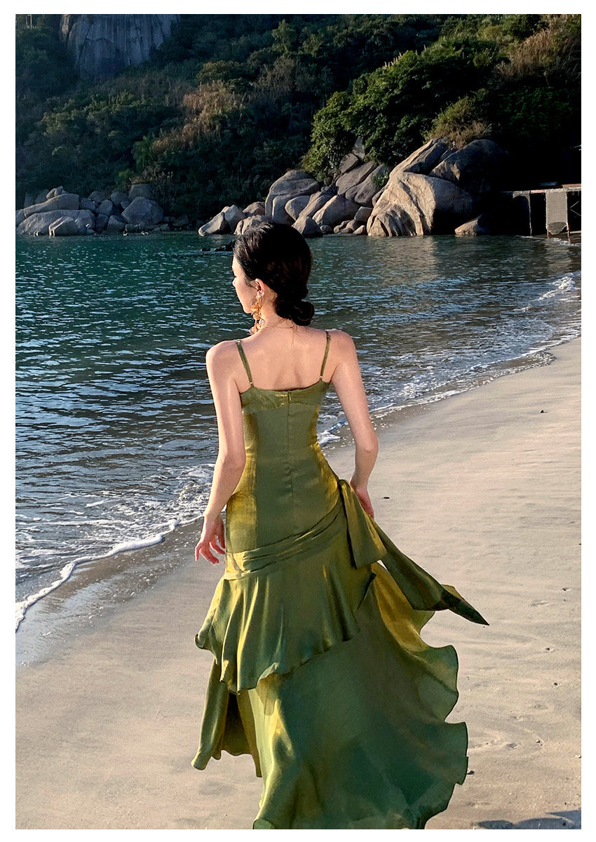 Pretty Mermaid Spaghetti Straps Sleeveless Green Prom Gown Long Evening Dress Prom Dresses DP235