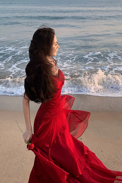 Modest Mermaid Spaghetti Straps Sleeveless Red Long Evening Dress Prom Dresses DP236