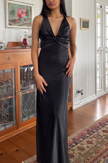Chic Halter V-Neck Pleated Satin Sleeveless Long Party Dress Prom Dresses DP239
