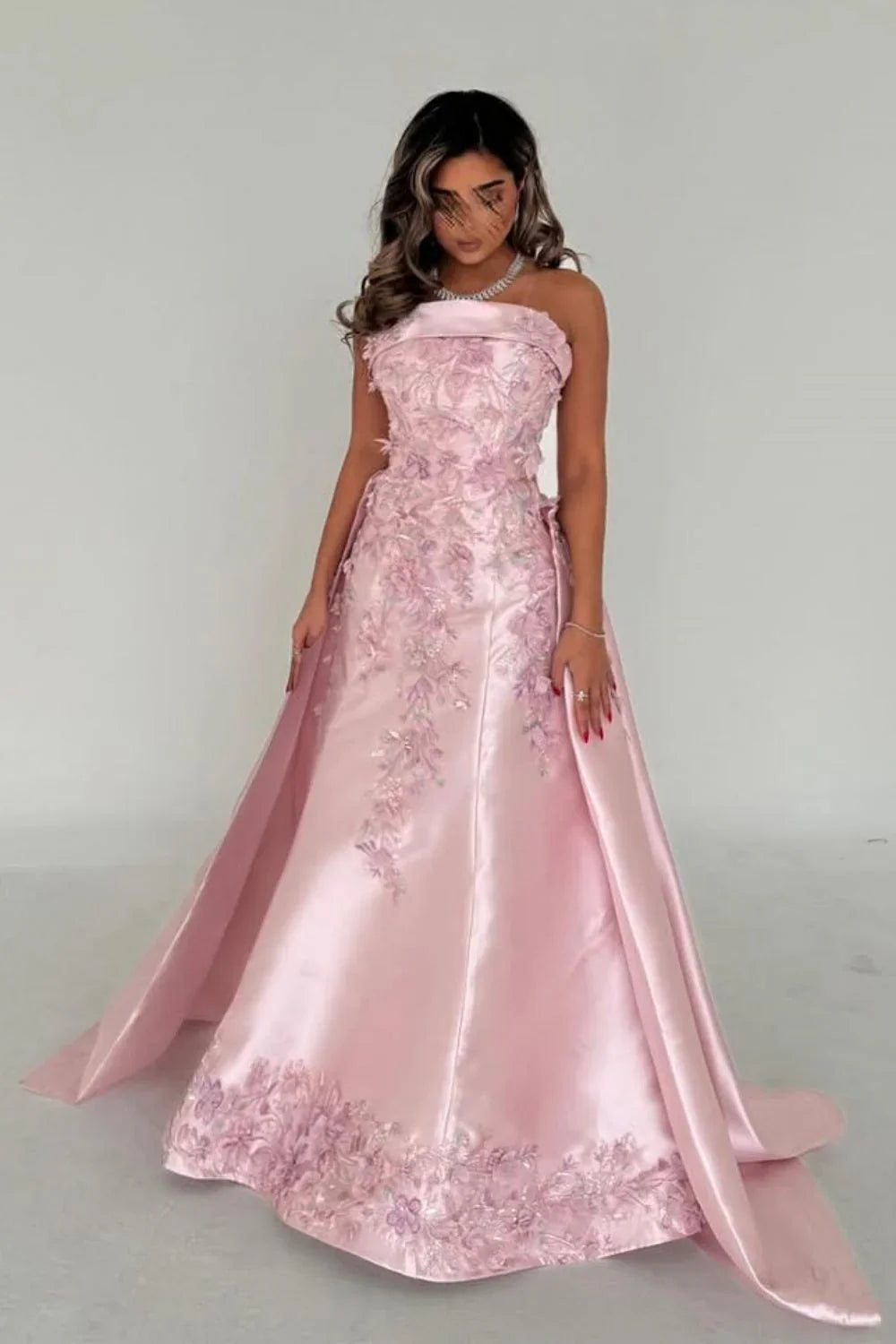 Elegant Pink A-Line Strapless Satin Party Dress with Appliques and Court Train DP243
