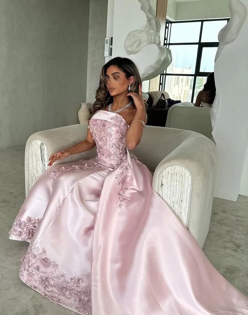 Elegant Pink A-Line Strapless Satin Party Dress with Appliques and Court Train DP243