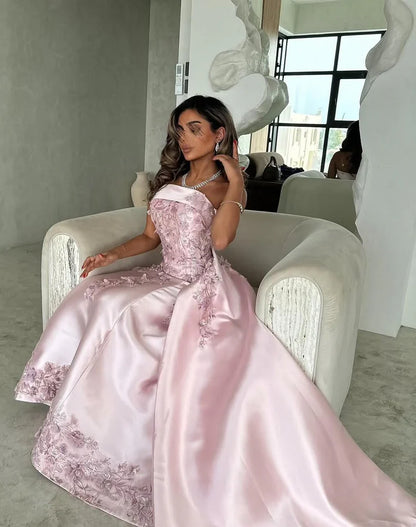 Elegant Pink A-Line Strapless Satin Party Dress with Appliques and Court Train DP243