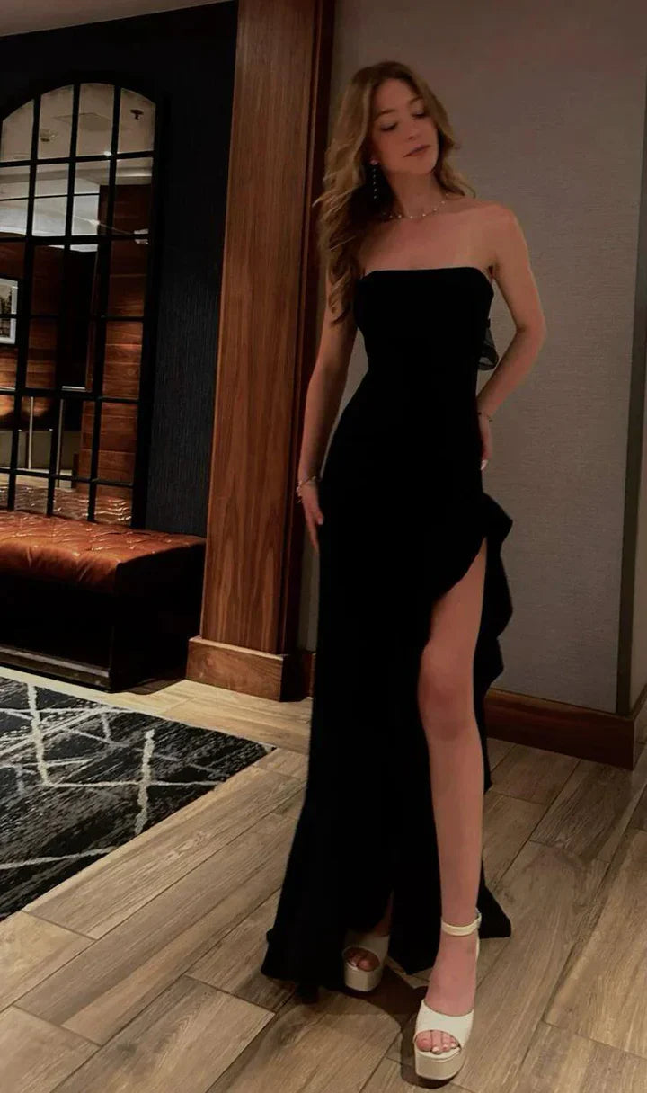 Classy Black Strapless Sheath Ruffles Long Evening Dress Birthday Outfits Party Dress Formal Dress DP243