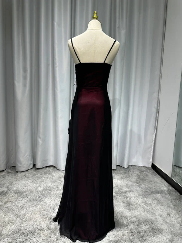 Sexy Sheath Spaghetti Straps Burgundy Floor-length Long Prom Dress with Silt Birthday Outfits Party Dress Formal Dress DP250