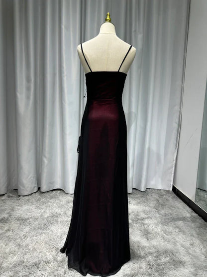 Sexy Sheath Spaghetti Straps Burgundy Floor-length Long Prom Dress with Silt Birthday Outfits Party Dress Formal Dress DP250