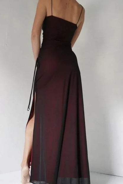 Sexy Sheath Spaghetti Straps Burgundy Floor-length Long Prom Dress with Silt Birthday Outfits Party Dress Formal Dress DP250