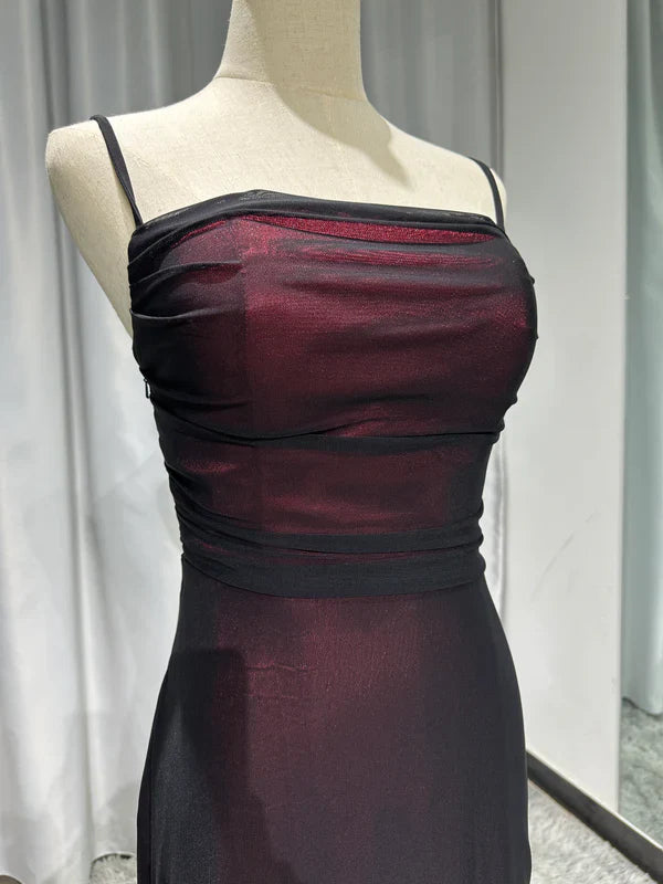 Sexy Sheath Spaghetti Straps Burgundy Floor-length Long Prom Dress with Silt Birthday Outfits Party Dress Formal Dress DP250