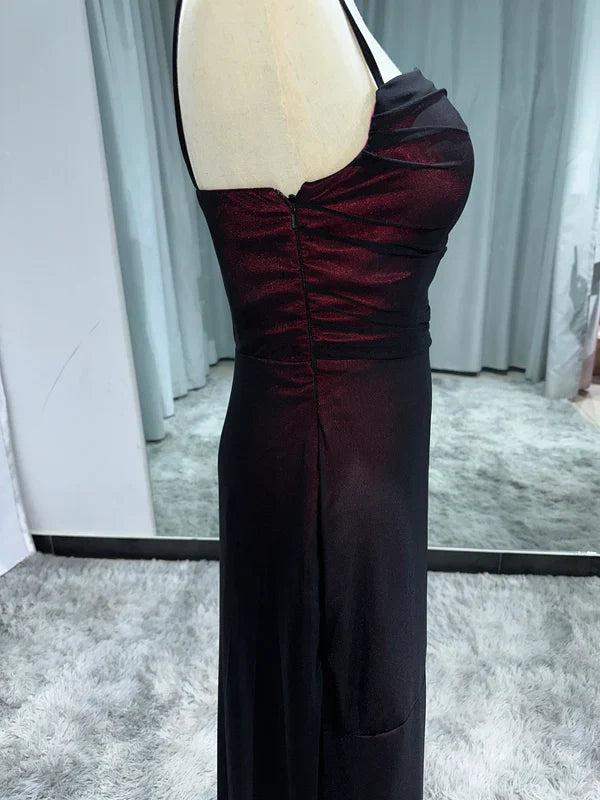 Sexy Sheath Spaghetti Straps Burgundy Floor-length Long Prom Dress with Silt Birthday Outfits Party Dress Formal Dress DP250
