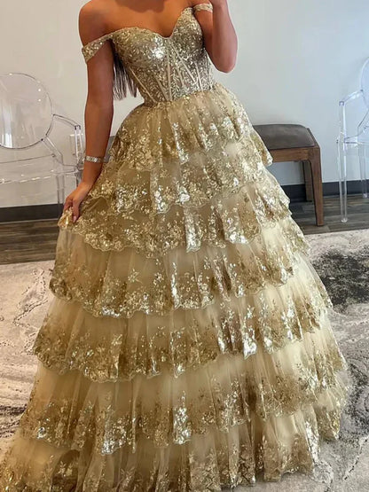 Chic Glitter Ball Gown Hot Pink Corset Off the Shoulder Lace Long Prom Dress Evening Dresses DP252