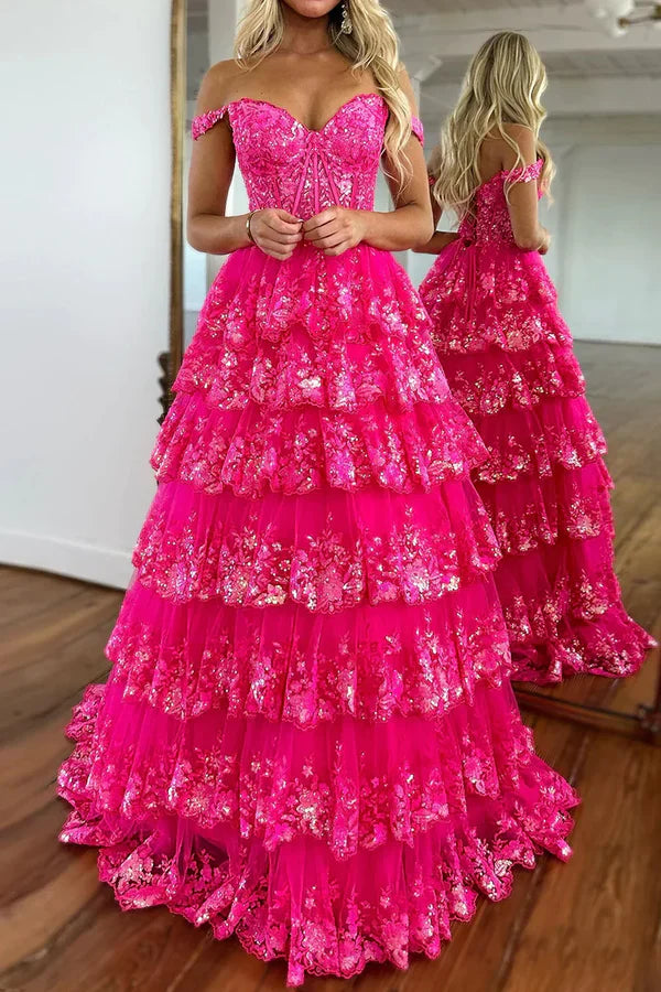 Chic Glitter Ball Gown Hot Pink Corset Off the Shoulder Lace Long Prom Dress Evening Dresses DP252