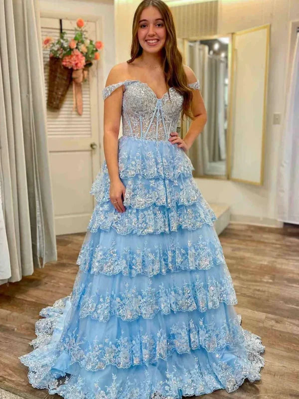 Chic Glitter Ball Gown Hot Pink Corset Off the Shoulder Lace Long Prom Dress Evening Dresses DP252