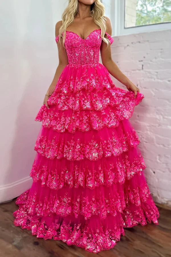 Chic Glitter Ball Gown Hot Pink Corset Off the Shoulder Lace Long Prom Dress Evening Dresses DP252