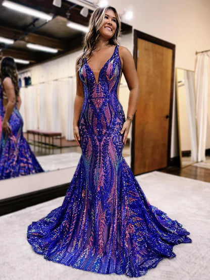 Sexy Charming Mermaid V Neck Blue Sequined Lace Long Prom Dress Evening Dresses DP254