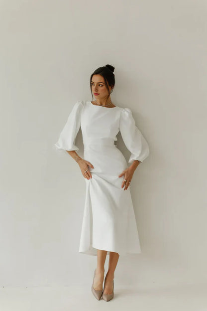 Classy Elegant White Puff Short Sleeves Backless White Midi Dress Wedding Guest Dress Prom Dresses DP256