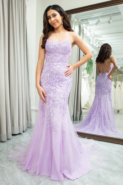 Elegant Mermaid Spaghetti Straps Long Prom Dress With Appliques Lace Evening Dresses DP257