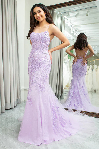 Elegant Mermaid Spaghetti Straps Long Prom Dress With Appliques Lace Evening Dresses DP257