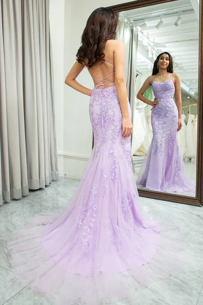 Elegant Mermaid Spaghetti Straps Long Prom Dress With Appliques Lace Evening Dresses DP257