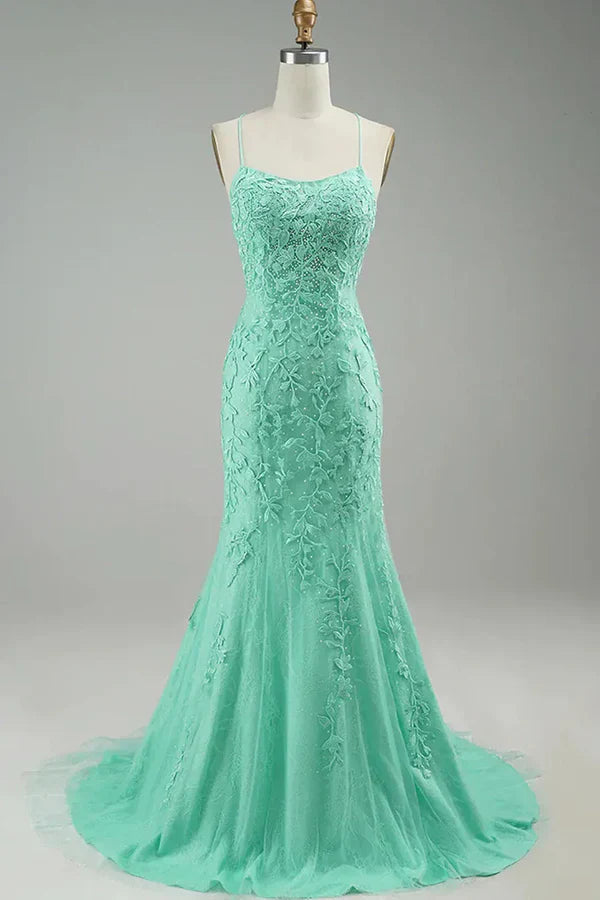 Elegant Mermaid Spaghetti Straps Long Prom Dress With Appliques Lace Evening Dresses DP257