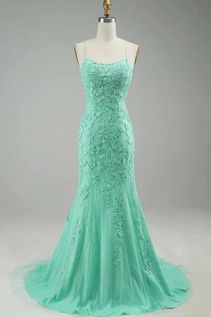 Elegant Mermaid Spaghetti Straps Long Prom Dress With Appliques Lace Evening Dresses DP257