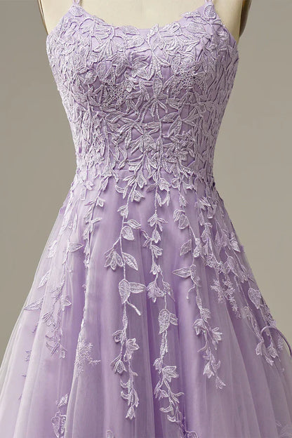 A-Line Purple Spaghetti Straps Long Prom Dress with Appliques Birthday Outfits Party Dress Formal Dress DP258