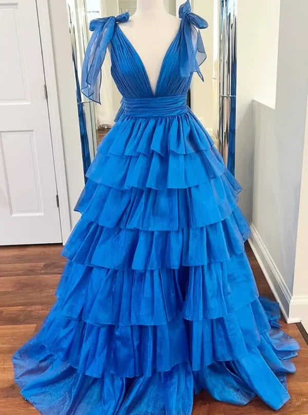 Modest Ball Gown V-neck Long Prom Dress with Ruffle Skirt Birthday Outfits Party Dress Formal Dress DP261