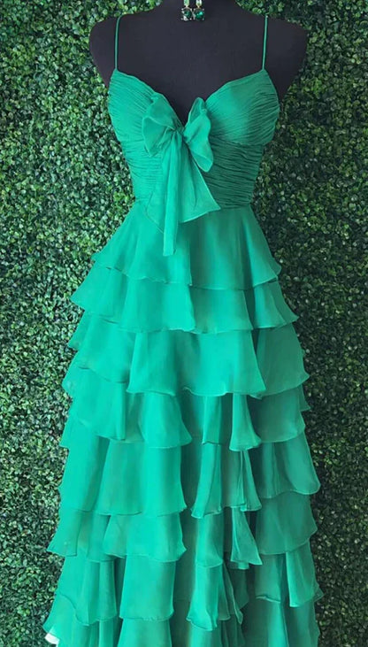 Elegant A-Line Chiffon Long Prom Dress With Bow Ruffle Skirt Prom Dresses DP265