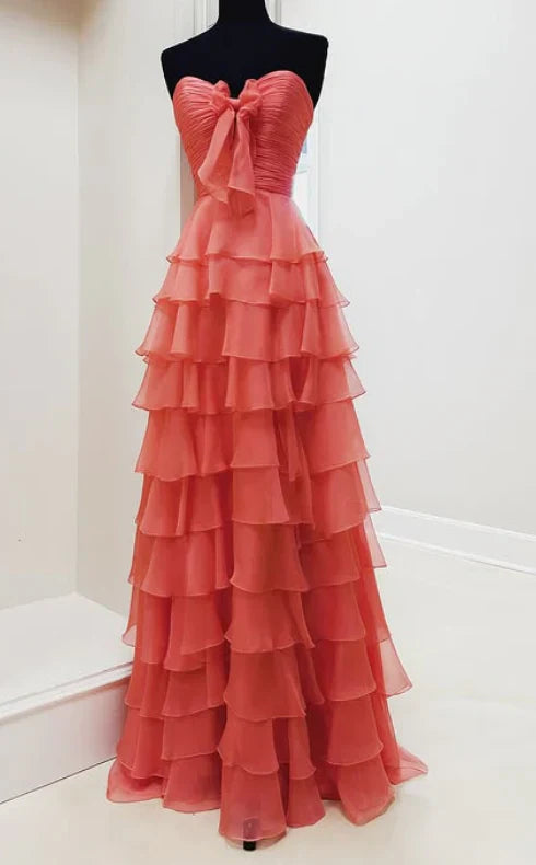 Elegant A-Line Chiffon Long Prom Dress With Bow Ruffle Skirt Prom Dresses DP265