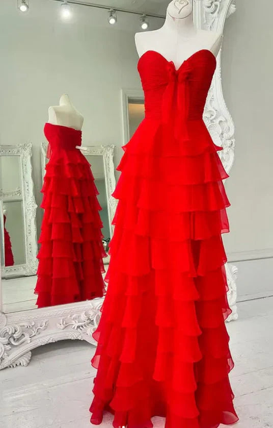 Elegant A-Line Chiffon Long Prom Dress With Bow Ruffle Skirt Prom Dresses DP265