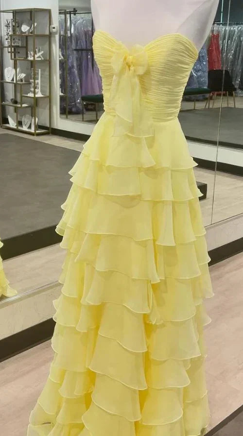 Elegant A-Line Chiffon Long Prom Dress With Bow Ruffle Skirt Prom Dresses DP265