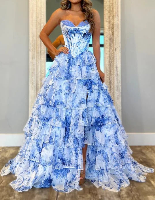 Classy Elegant Ball Gown Floral Blue Print Strapless Long Prom Dress With Chiffon Ruffle Skirt Prom Dresses DP266