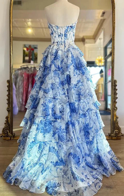 Classy Elegant Ball Gown Floral Blue Print Strapless Long Prom Dress With Chiffon Ruffle Skirt Prom Dresses DP266