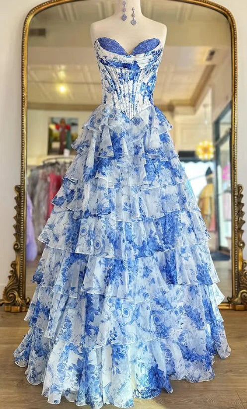 Classy Elegant Ball Gown Floral Blue Print Strapless Long Prom Dress With Chiffon Ruffle Skirt Prom Dresses DP266
