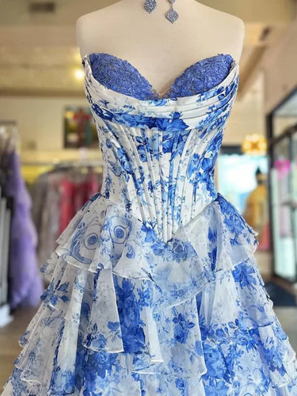 Classy Elegant Ball Gown Floral Blue Print Strapless Long Prom Dress With Chiffon Ruffle Skirt Prom Dresses DP266